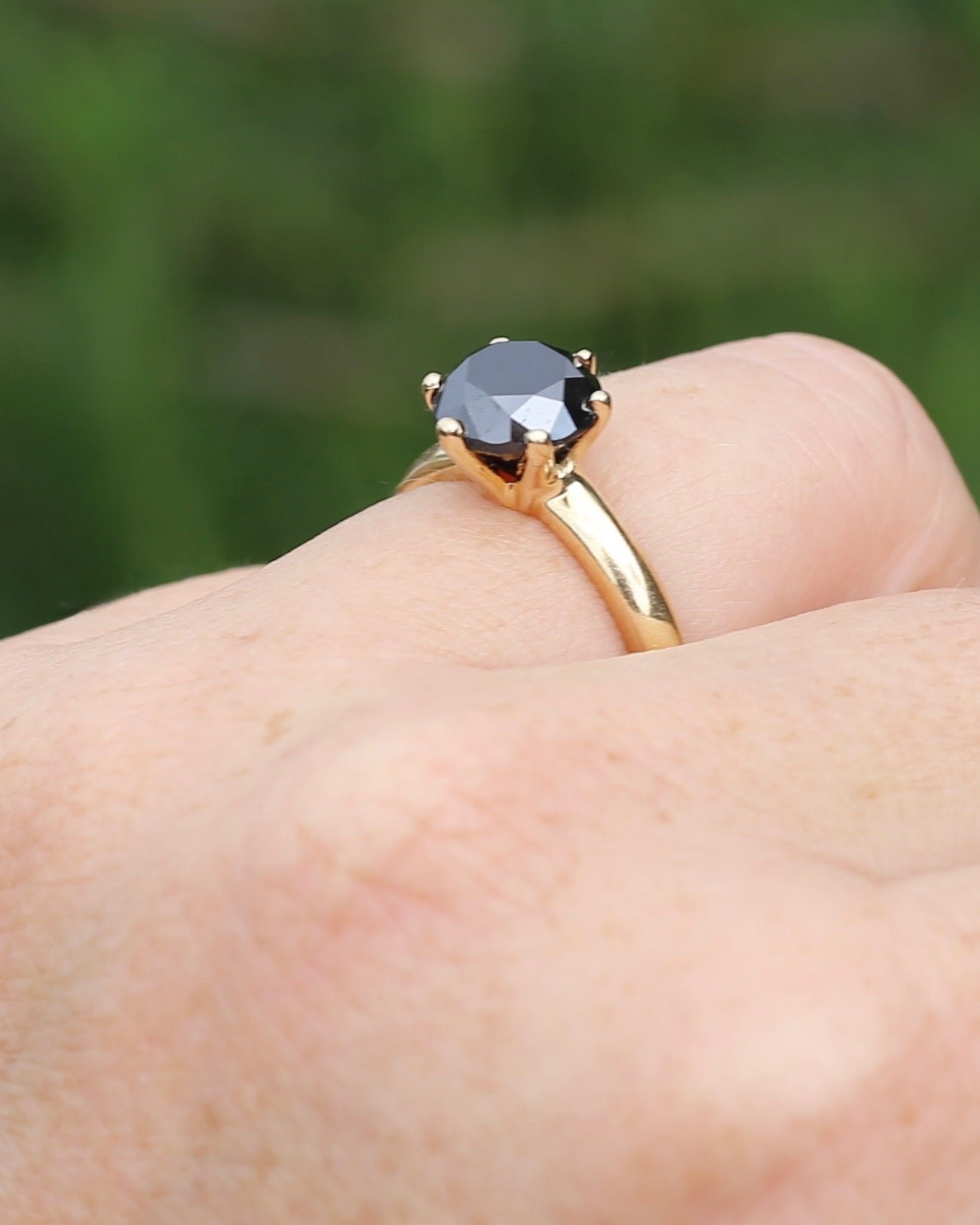 Black Moissanite Solitaire, 6 claw set 14ct Yellow Gold, size N1/2 or nearly 7, 3.63g