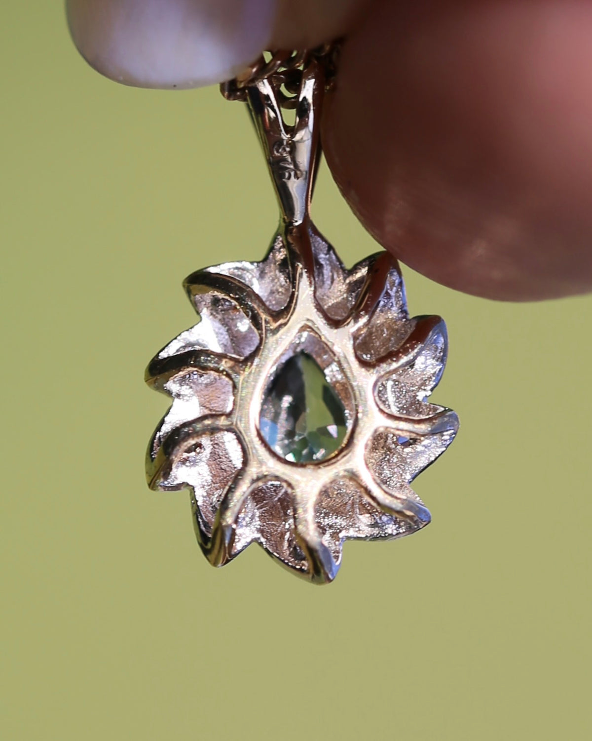 0.3ct Natural Green Parti and Natural Illusion Set Diamond Leaf Halo Pendant, 9ct Yellow Gold, 0.72g