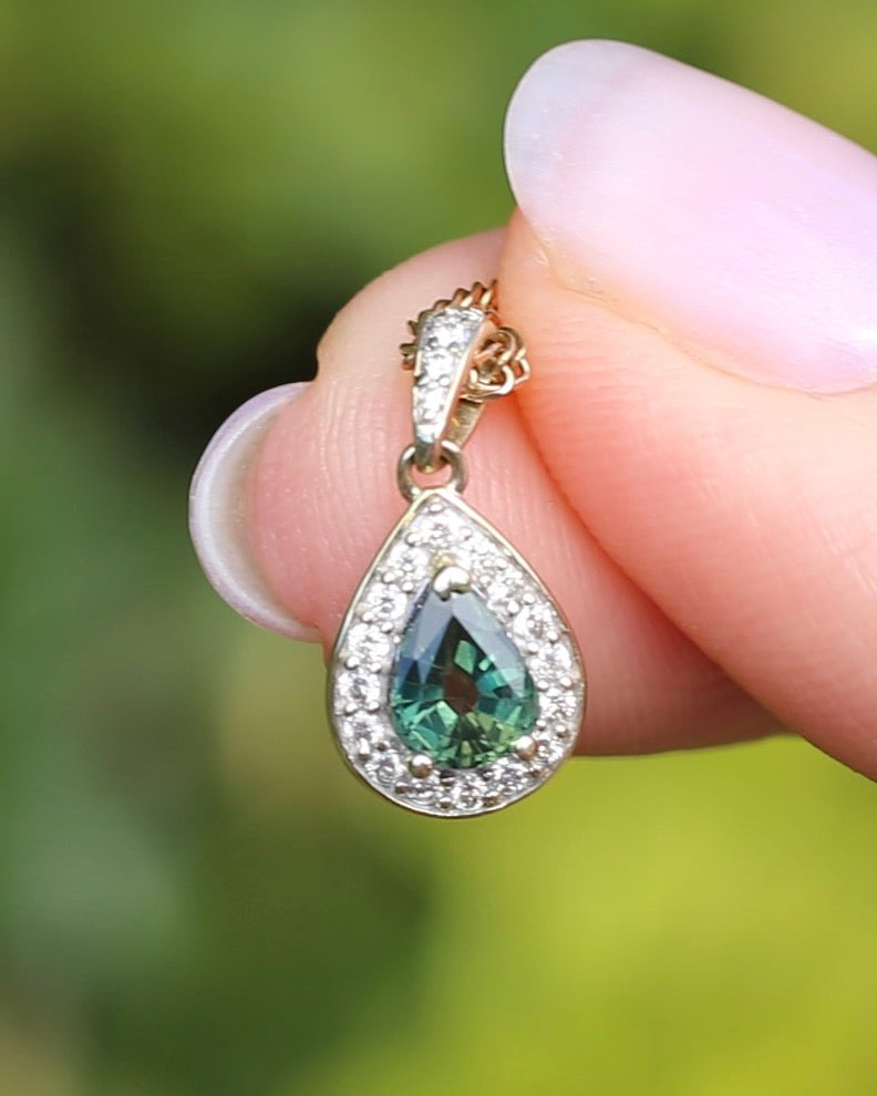 0.75ct Natural Green Parti and Natural Diamond Halo Pendant, 9ct Yellow Gold, 0.86g