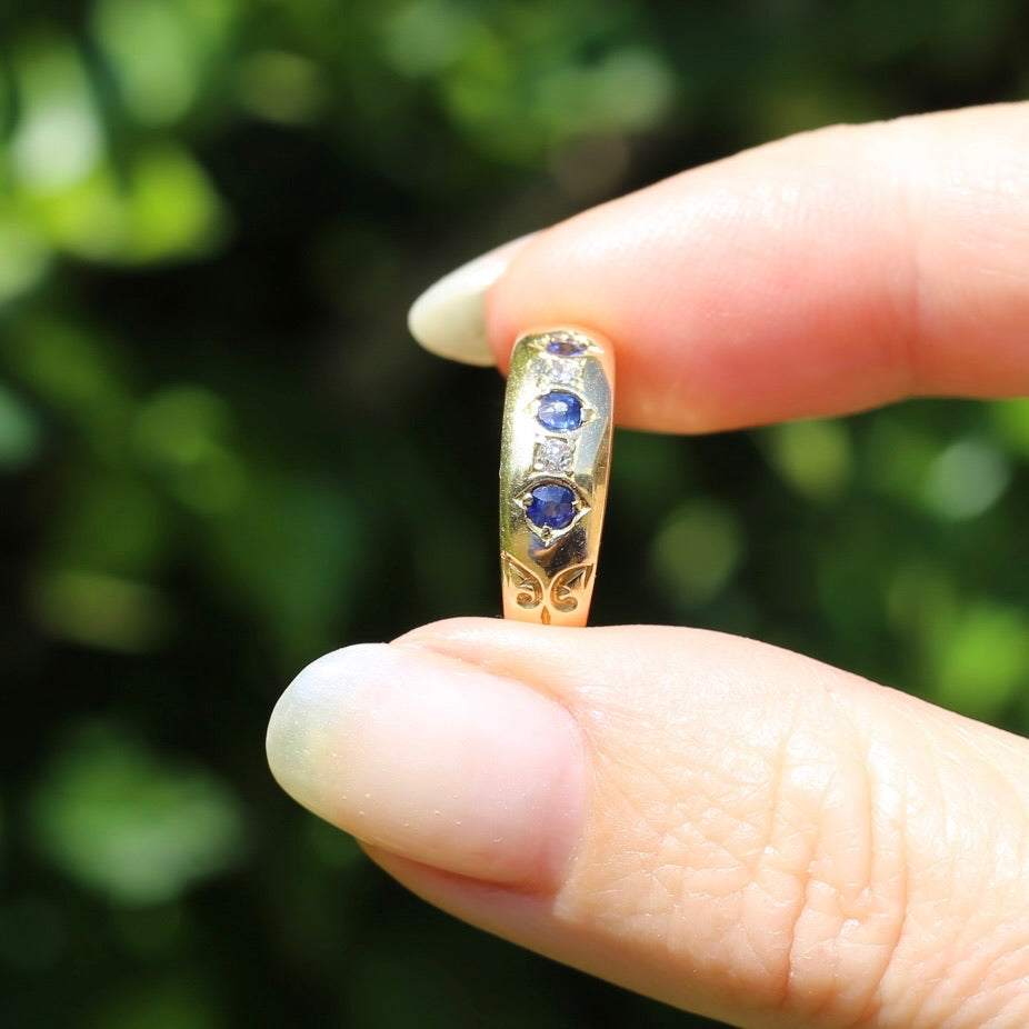 1897 Old Cut Sapphire and Diamond Five Stone Ring, 18ct Yellow Gold, size O or 7.25