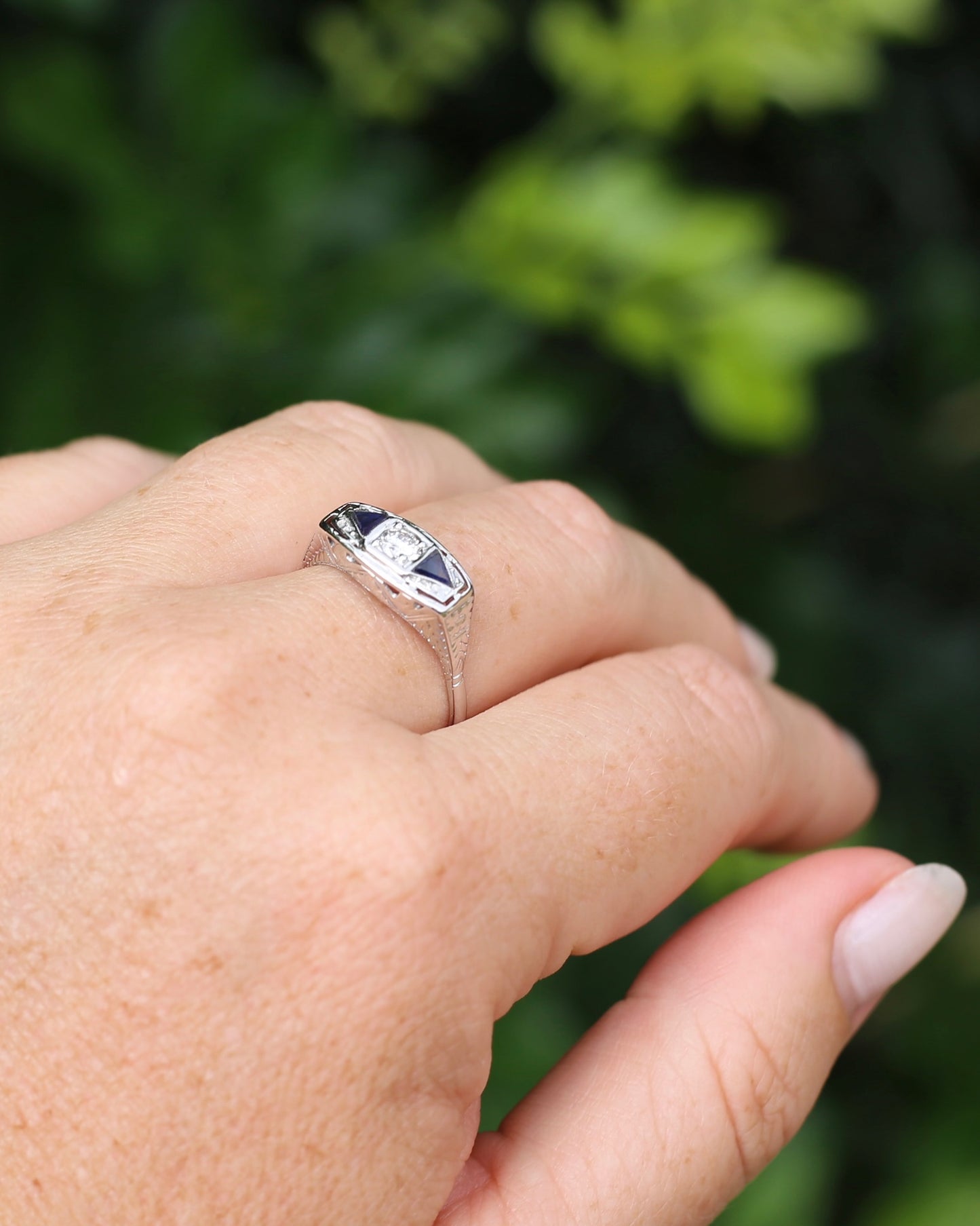 Art Deco Diamond and Sapphire Trilogy in Raised Handmade Engraved Floral Setting, 14ct White Gold, size U or 10 - offering free resize down to 7 or O, with valuation