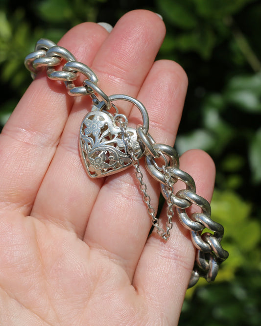 Chunky Curb and Filigree Heart Padlock Bracelet, Sterling Silver, 60.2g