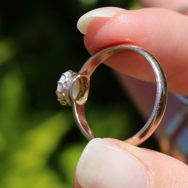Early Australian 11 Multi Claw White Round Opal Ring, 9ct Old Rosey Gold, size 10 or U