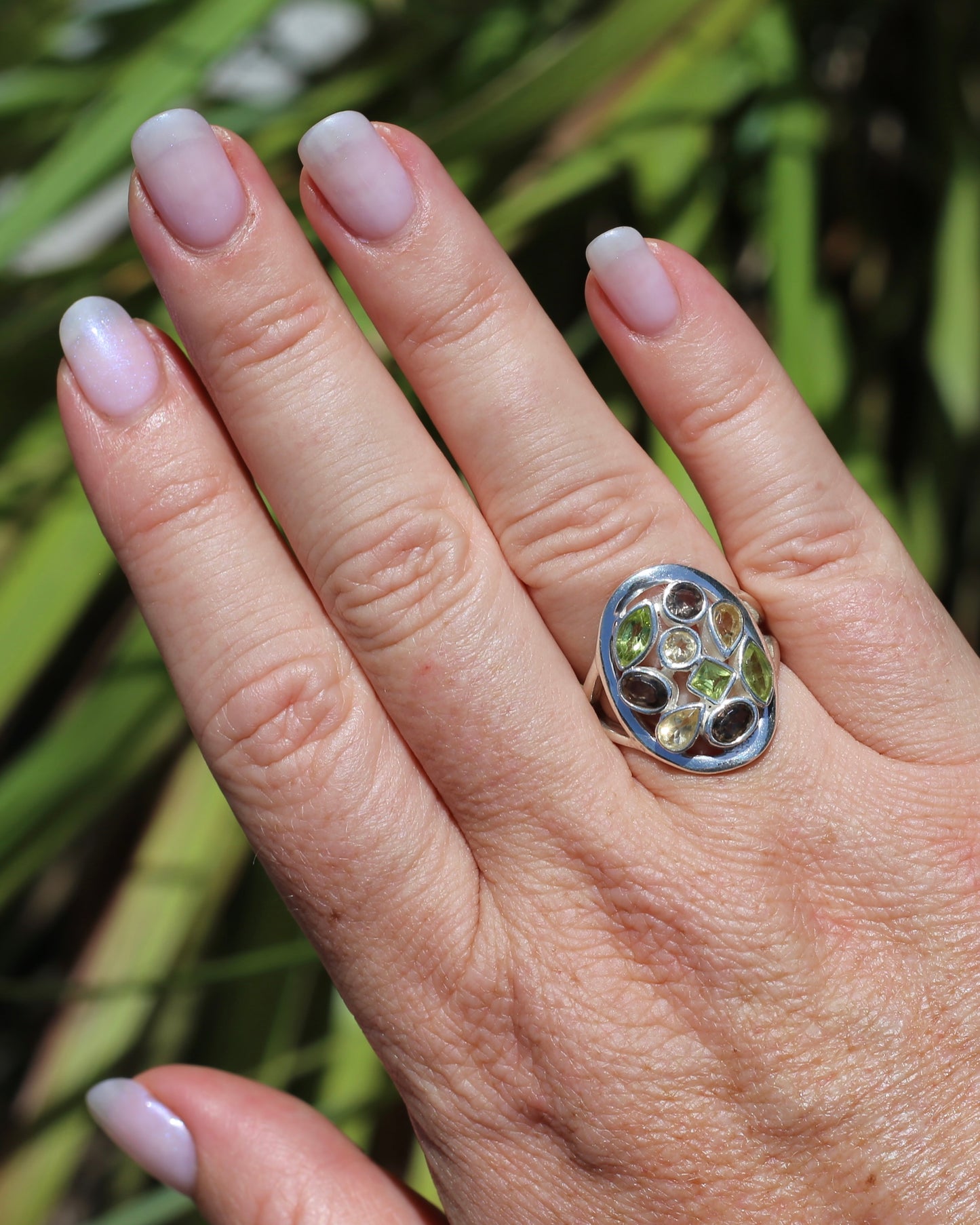 Peridot, Citrine and Smokey Quartz Bezel Set Ring, Sterling Silver, size P or 7.5, 8.27g