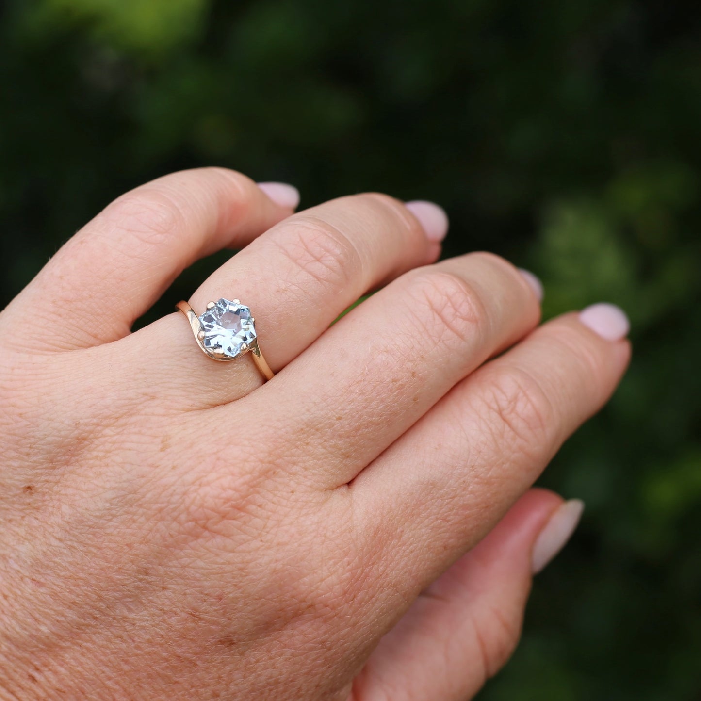 Fancy Hexagonal Cut Pale Blue Zircon Ring, 9ct Yellow Gold, size 7.5 or just over O1/2