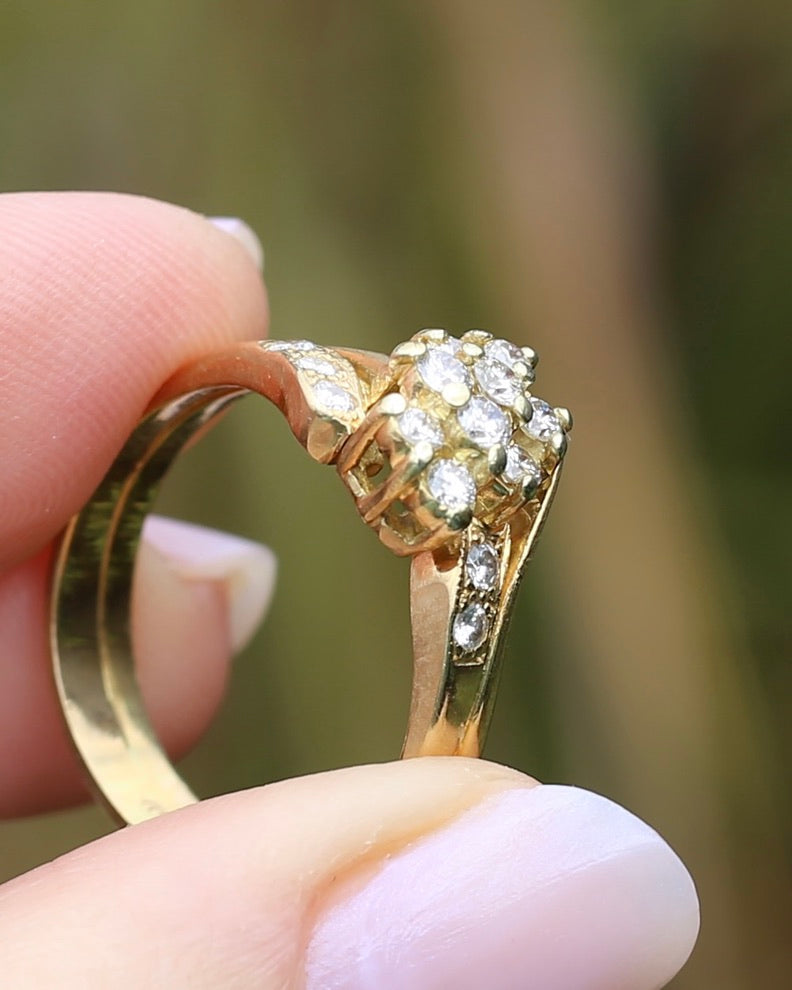 Circa 1970s Transitonal Brilliant Cut Diamond Ring, 18ct Yellow Gold Cluster Ring, size S or 9, 6.4g, with valuation