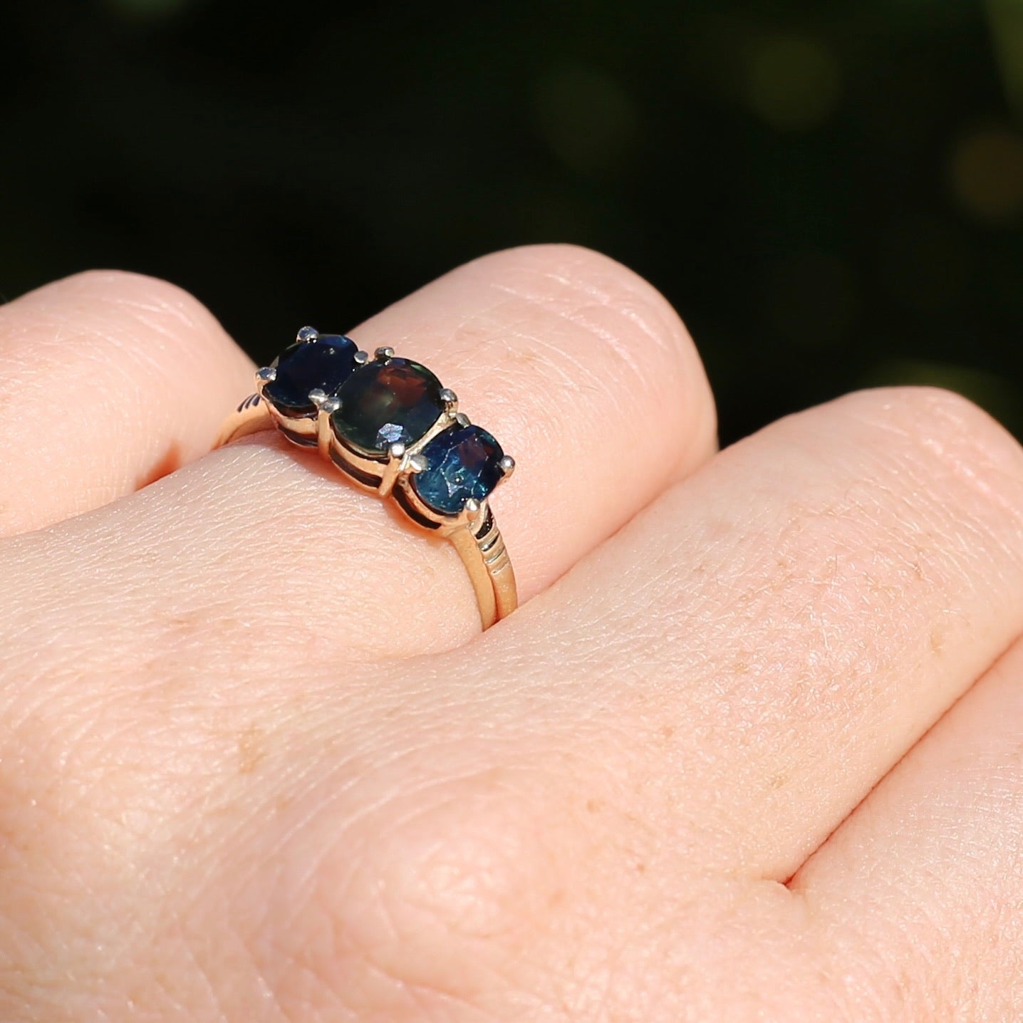 Australian Green and Blue Sapphire Trilogy, 9ct Yellow Gold, size N or 6.75