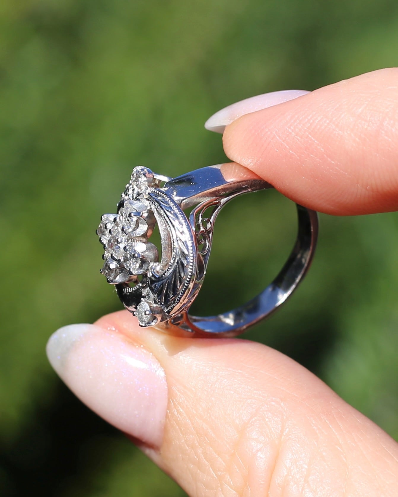 Old Cut and Early Brilliant Cluster Clover Ring, 9ct White Gold, size O or 7