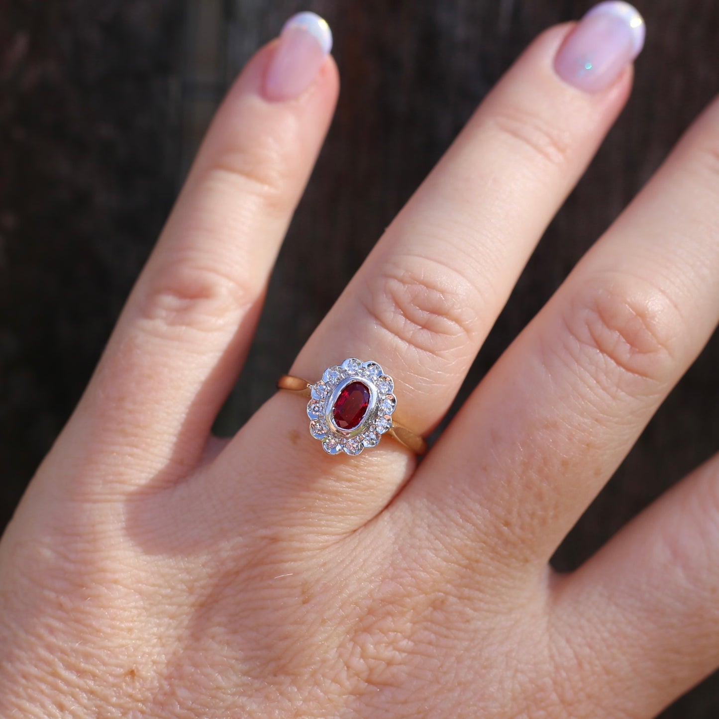 Ruby and Diamond Halo, 18ct Yellow and White Gold, size P or 7.75 with valuation