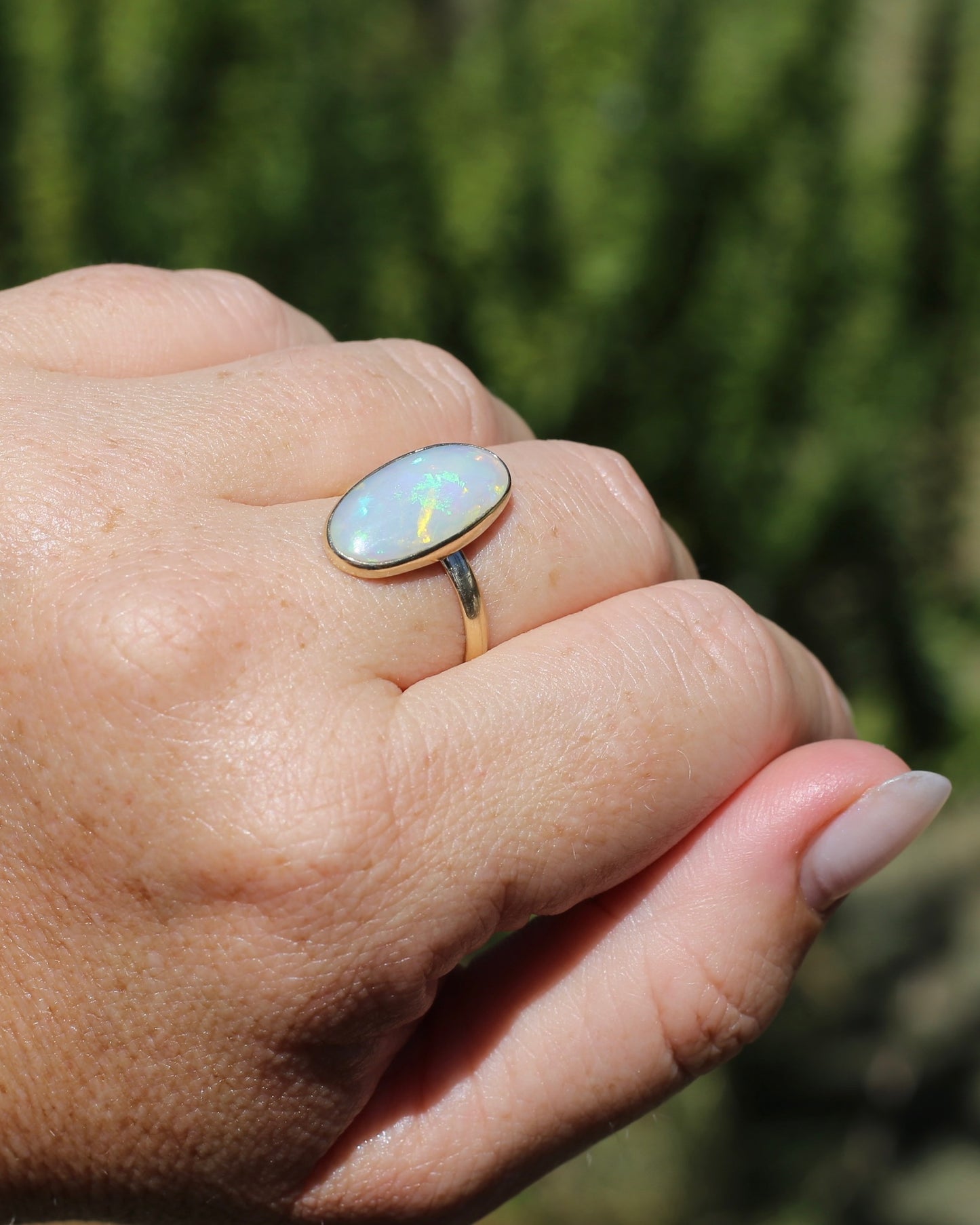 Crystal Opal Cabochon, Low Profile, in Bezel Set 9ct Yellow Gold, size T1/2 or 9.75