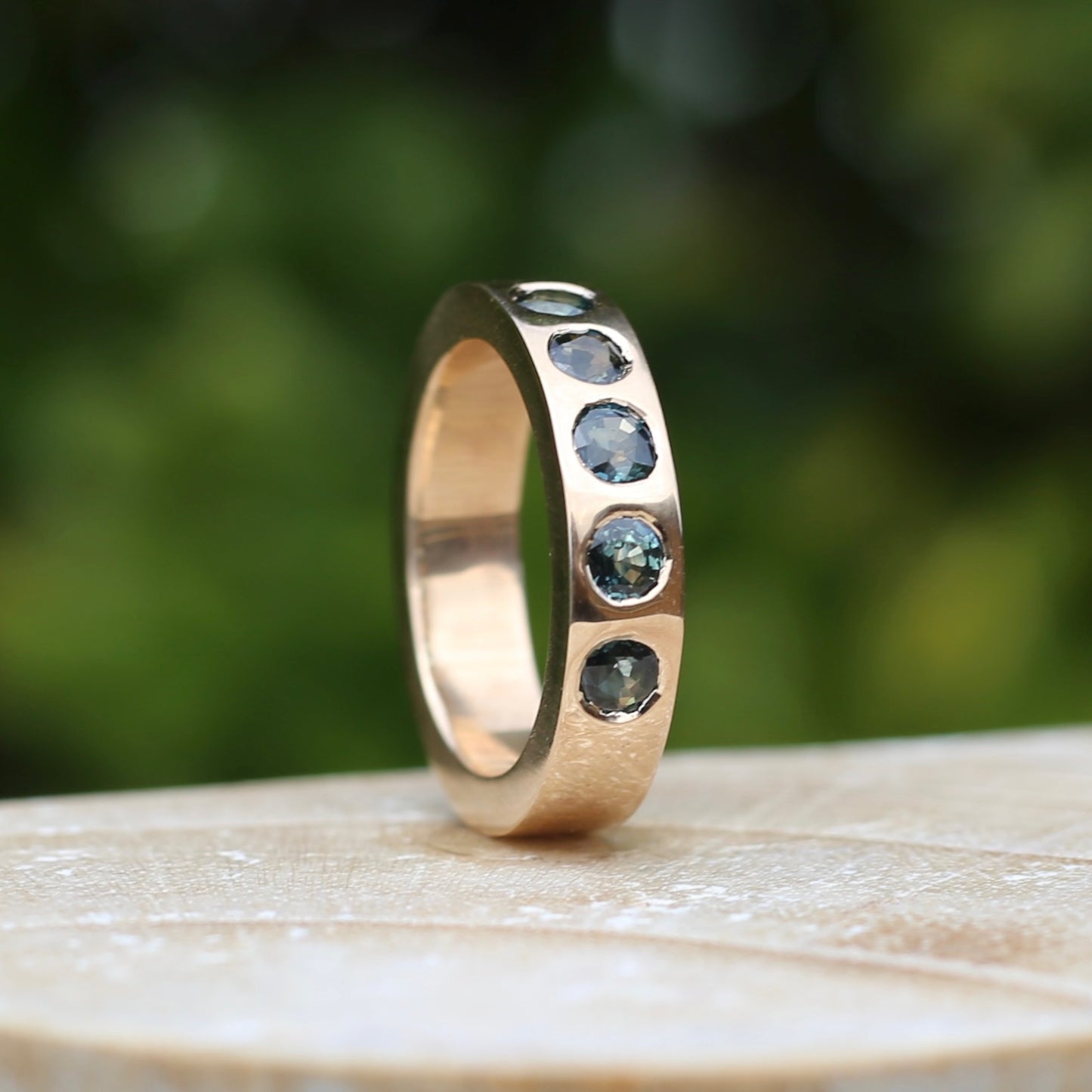 Custom Reclaimed Gold Chunky 9ct Rings with 4mm Parti Sapphires