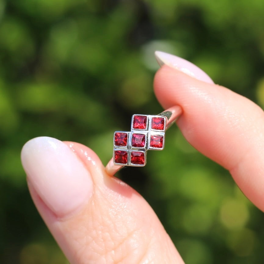 Modern Princess Cut Checkerboard Ruby Ring, 9ct White Gold, size Q or 8.25