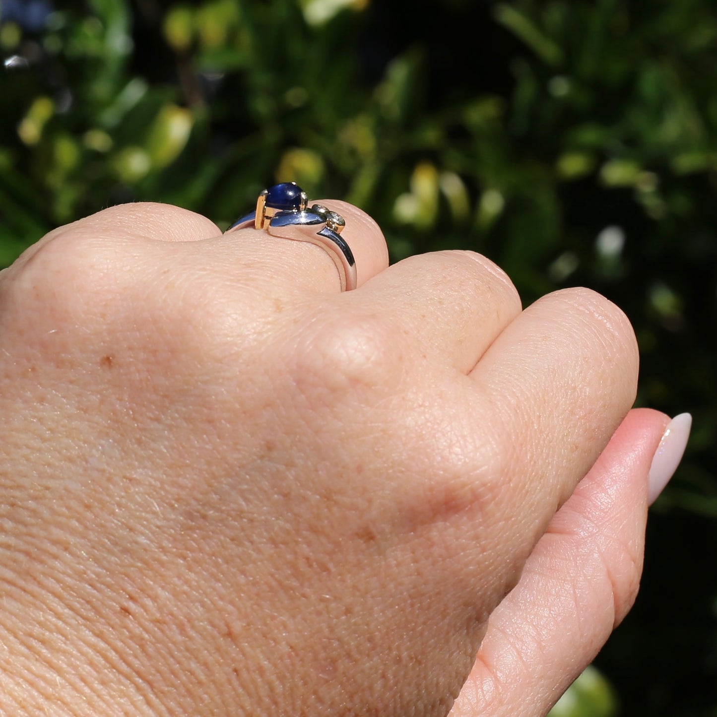 Chunky Asymetrical Mixed Metal Pear Sapphire Cabochon and Diamond ring, 18ct Yellow and White Gold, size 7.5 or just over O1/2