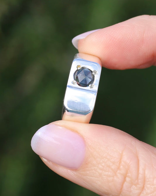 Rose Cut East African Garba Tula Sapphire in Vintage Sterling Silver Signet Ring, size Y or 12, 8.72g