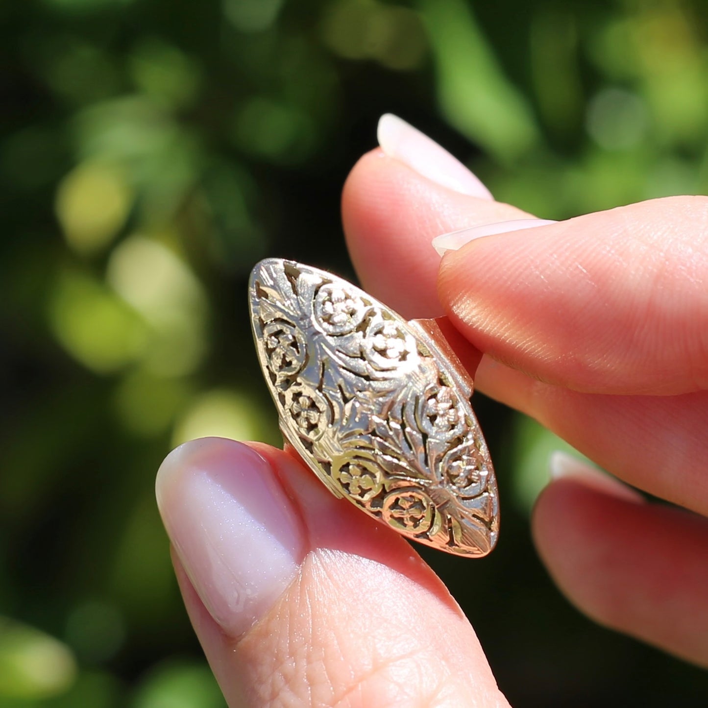 Hand Carved Navette Ring, 14ct Yellow Gold, size Q or 8.25g