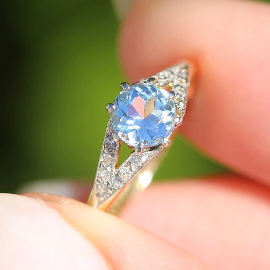 Pristine Early Australian 1930s Dunklings Blue Zircon & Diamond RIng, size L or just over 5.5