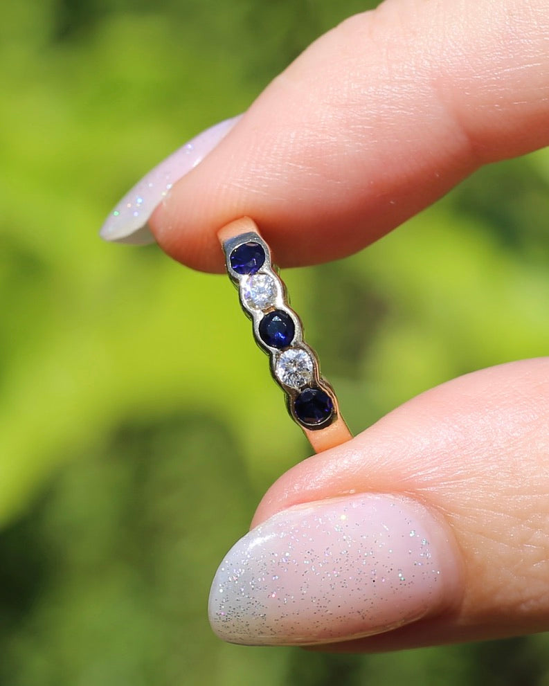 Second Glance - Five Stone Sapphire and Diamond Semi Bezel Ring, 9ct Yellow Gold, approx size N or 6.75 with Arthritis Balls, 2.42g