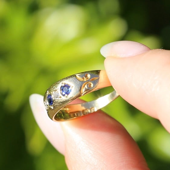 1897 Old Cut Sapphire and Diamond Five Stone Ring, 18ct Yellow Gold, size O or 7.25