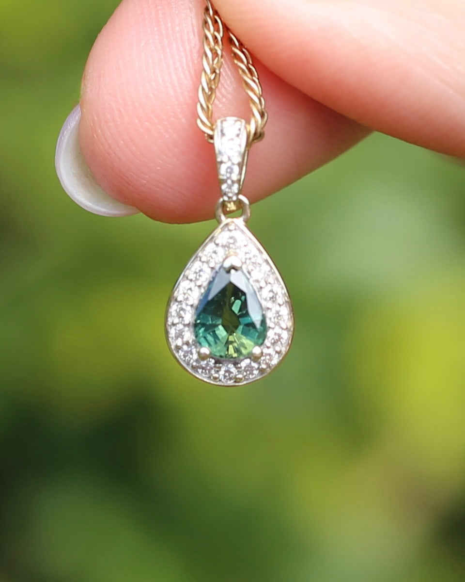 0.75ct Natural Green Parti and Natural Diamond Halo Pendant, 9ct Yellow Gold, 0.86g