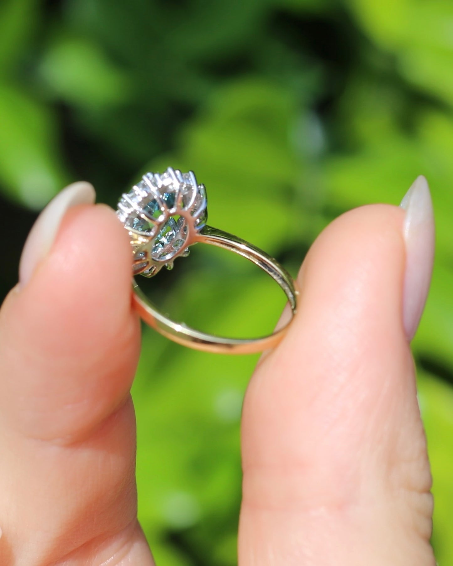 2.79ct Oval Blue Zircon and Diamond Halo, Vintage 9ct White and Yellow Gold, size M1/2 or 6.5