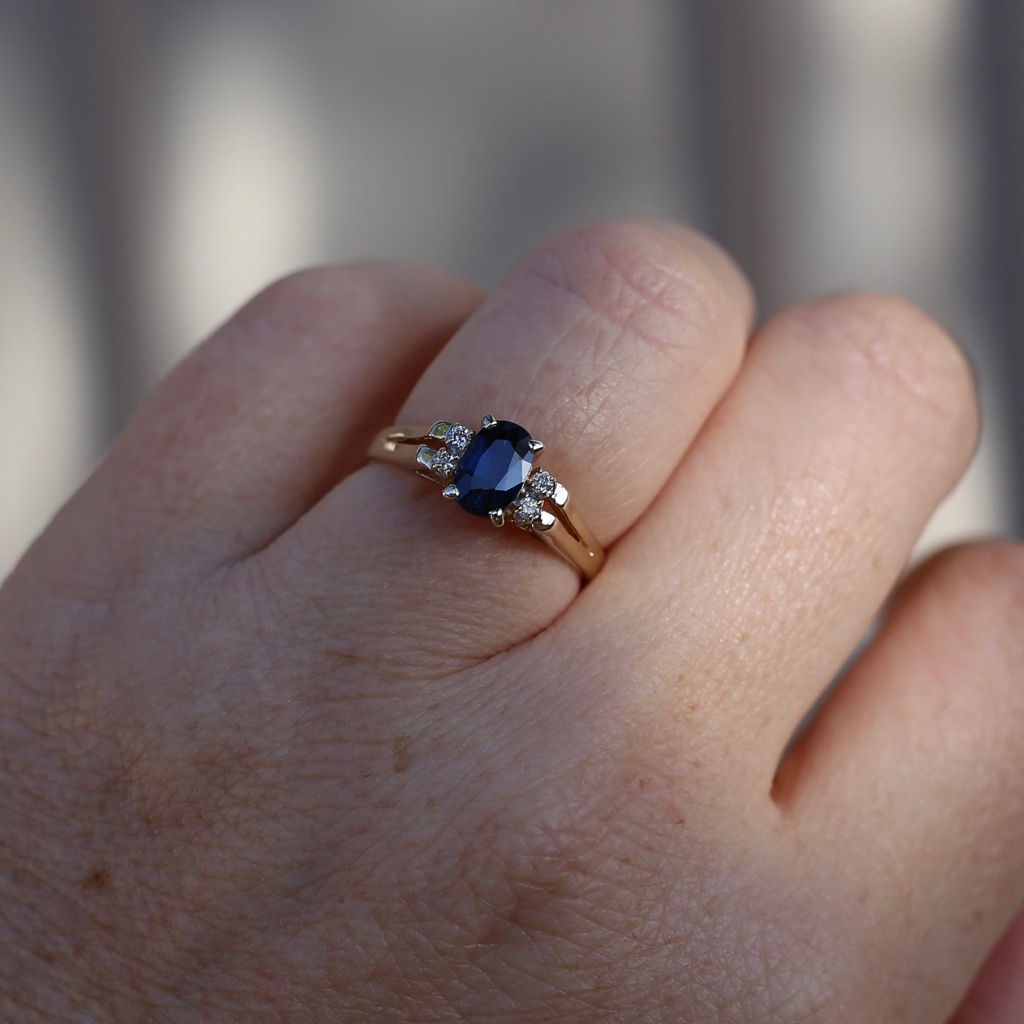 Oval Natural Blue Sapphire with Diamonds, Art Deco Feel Ring, 14ct Yellow Gold, size N or 6.75