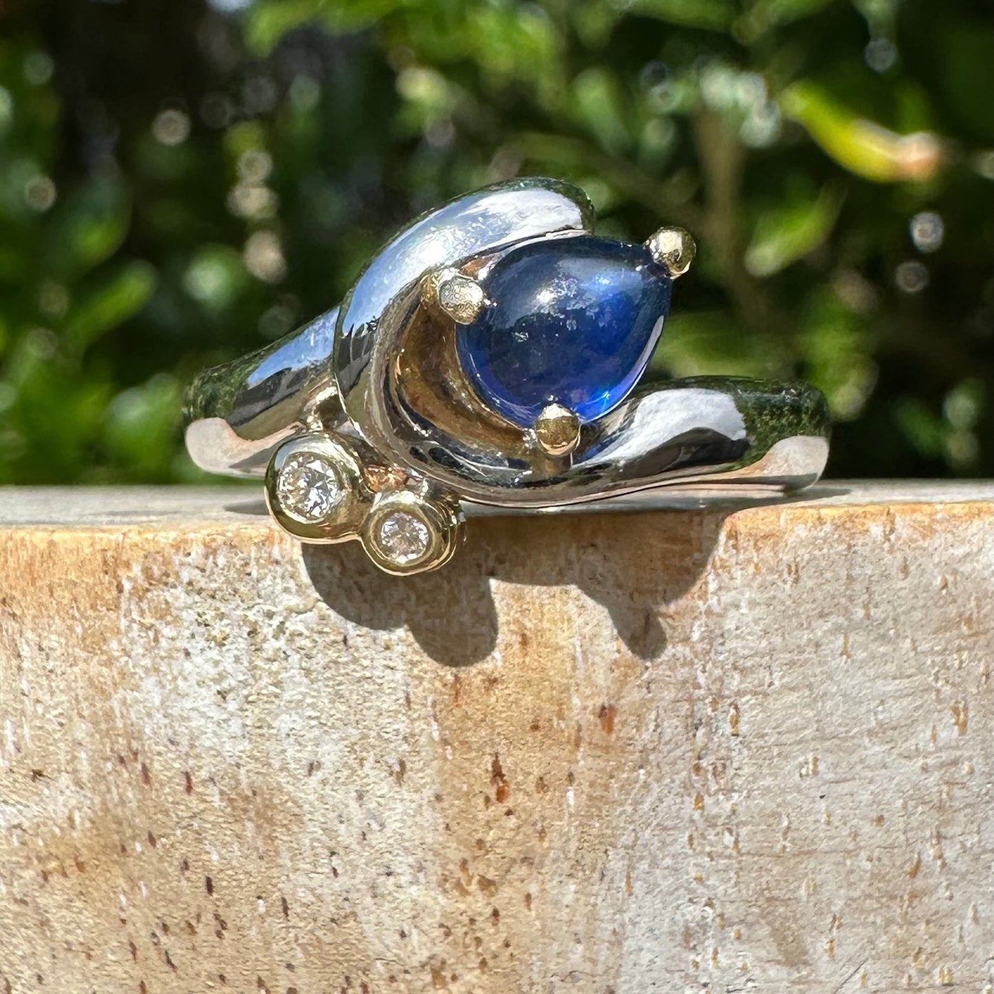 Chunky Asymetrical Mixed Metal Pear Sapphire Cabochon and Diamond ring, 18ct Yellow and White Gold, size 7.5 or just over O1/2