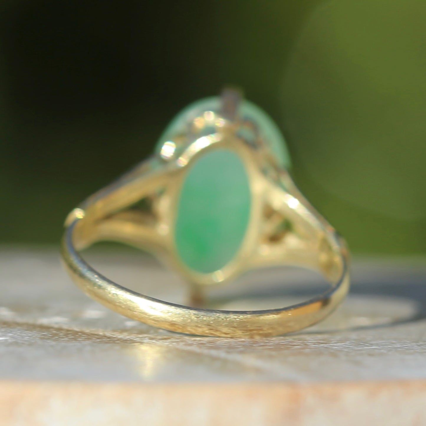 Apple Green Oval Jade Cabochon, 14ct Yellow Gold Claws with Fab Shoulders, size 5.5 or K1/2