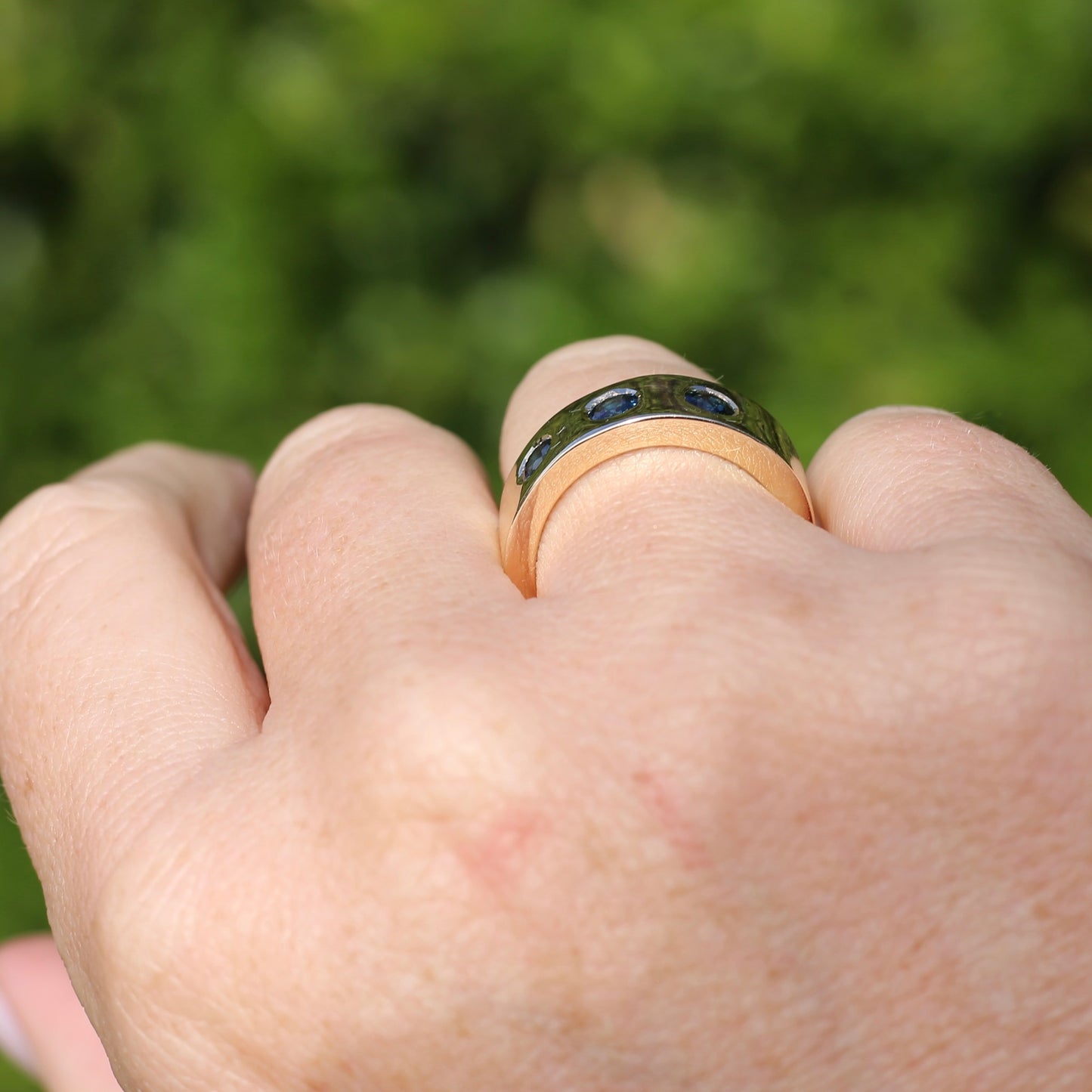 Custom Reclaimed Gold Chunky 9ct Rings with 4mm Parti Sapphires