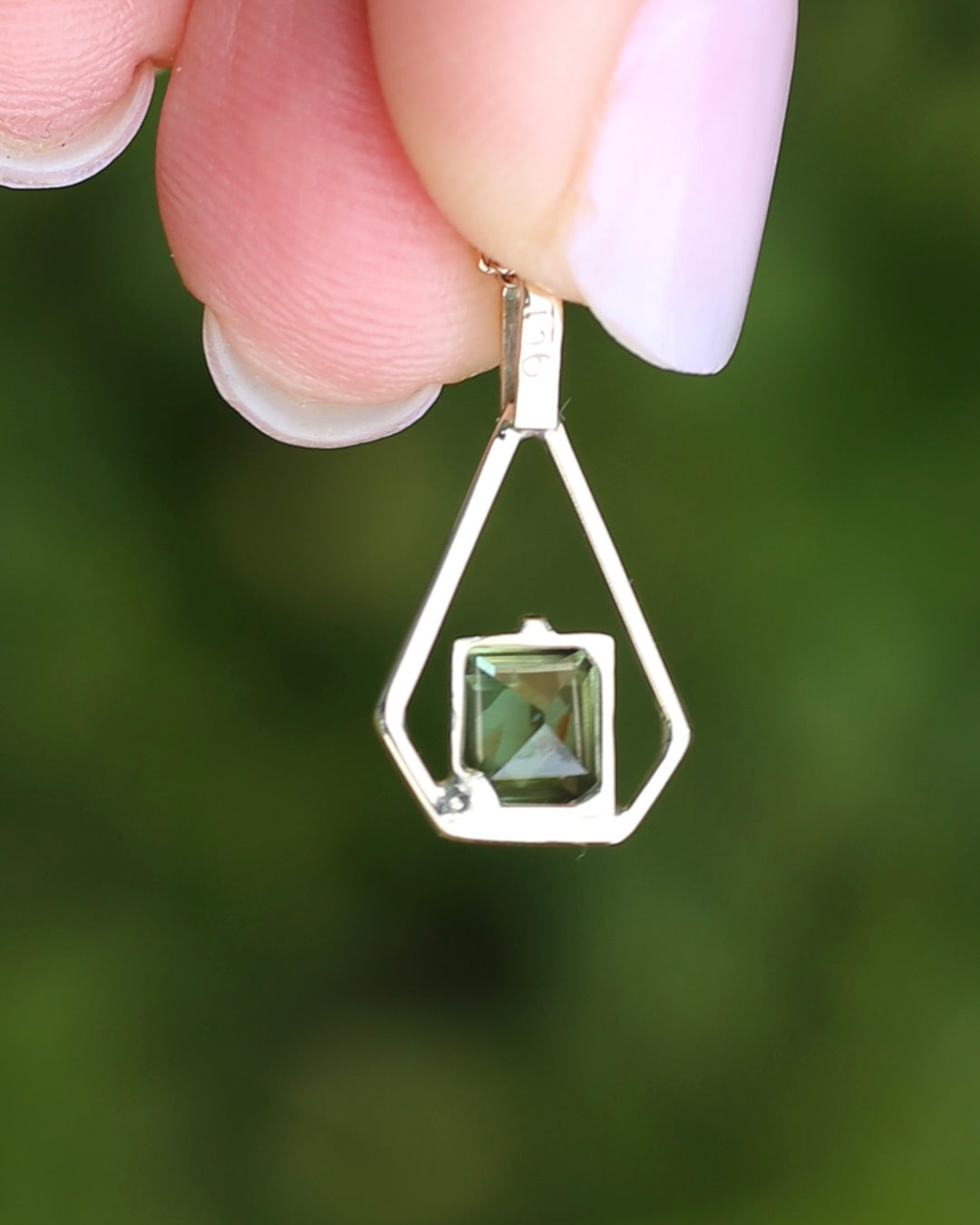 Modified Carre Cut Unheated Green Natural Sapphire in Handmade Vintage Pendant, 9ct Yellow Gold, 0.78g