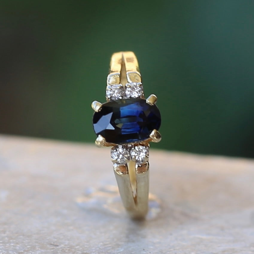 Oval Natural Blue Sapphire with Diamonds, Art Deco Feel Ring, 14ct Yellow Gold, size N or 6.75