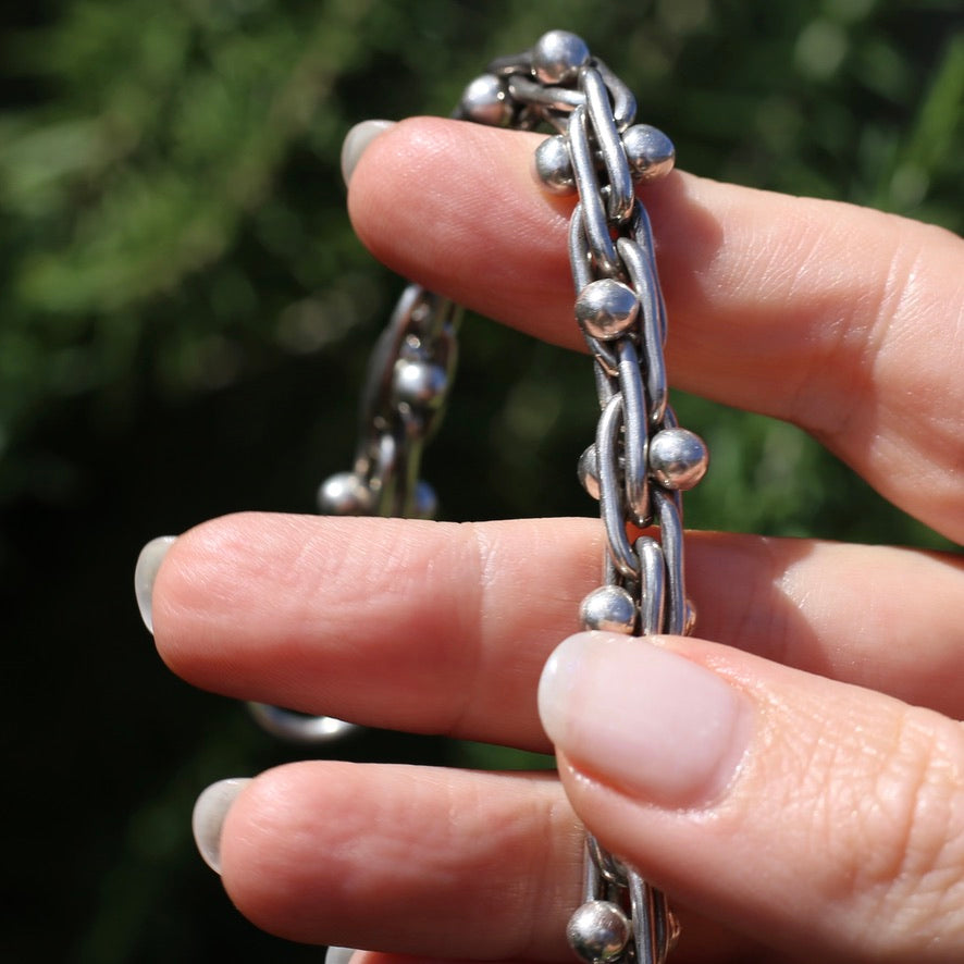 Chunky Silver Bracelet with Overlapping Loops and Dot Ball Detail, 45.3g