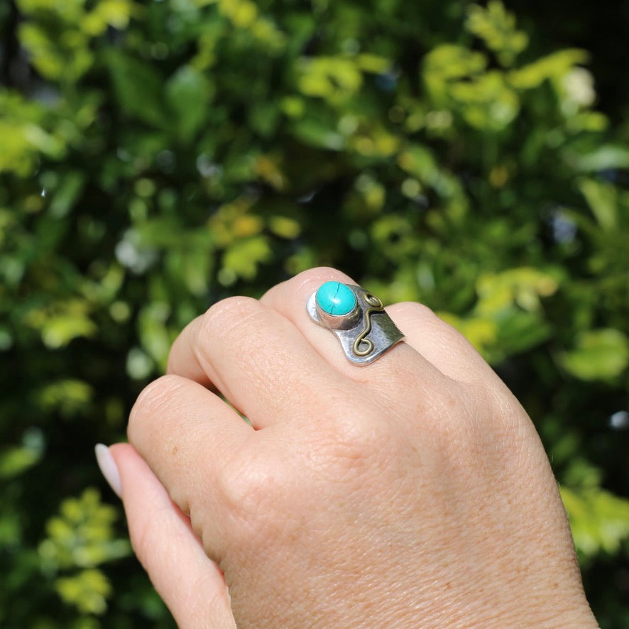 Rustic Silver and Turquoise Cuff Ring, sizeable