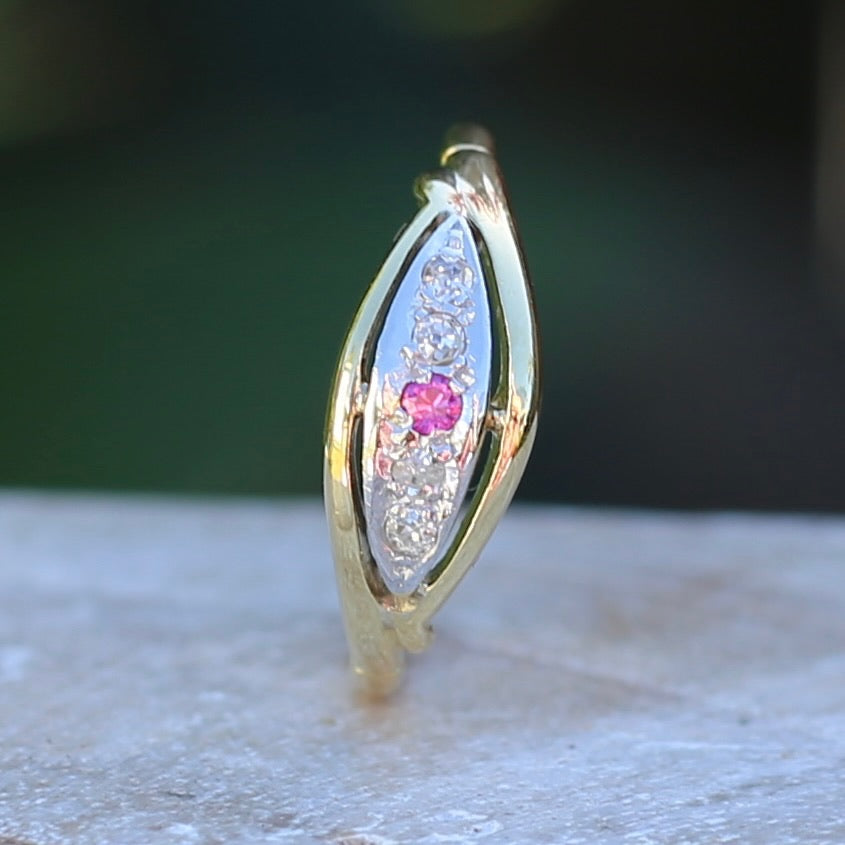 Antique Boat Ring with Four Old Cut Diamonds and an Old Cut Pink Topaz, 18ct Yellow and White Gold, size 7 or N1/2