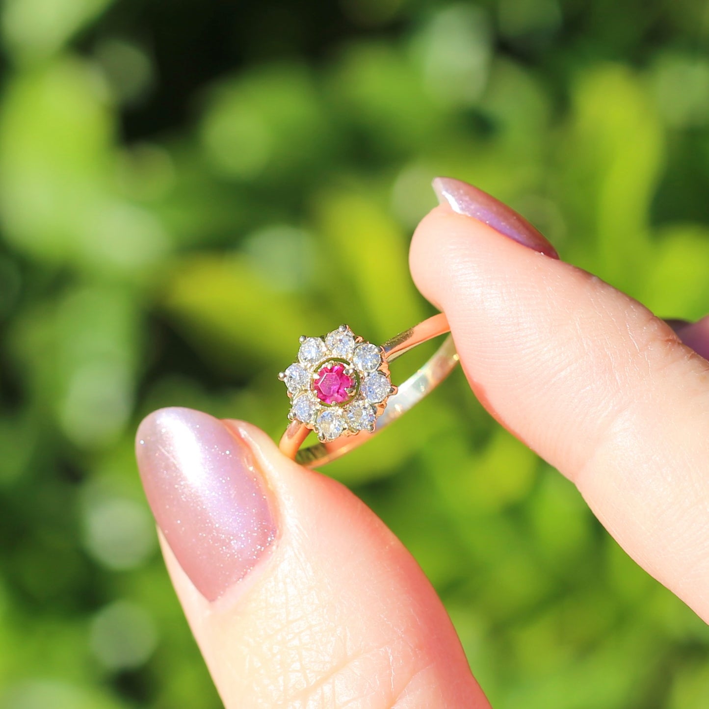 Antique Ruby and Old Cut Diamond Cluster, 15ct Yellow Gold, size O or 7.25 with valuation