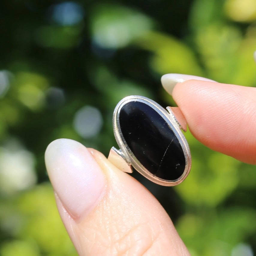 Oval Black Onyx Bezel Set Ring, sterling silver, size L or 5.75