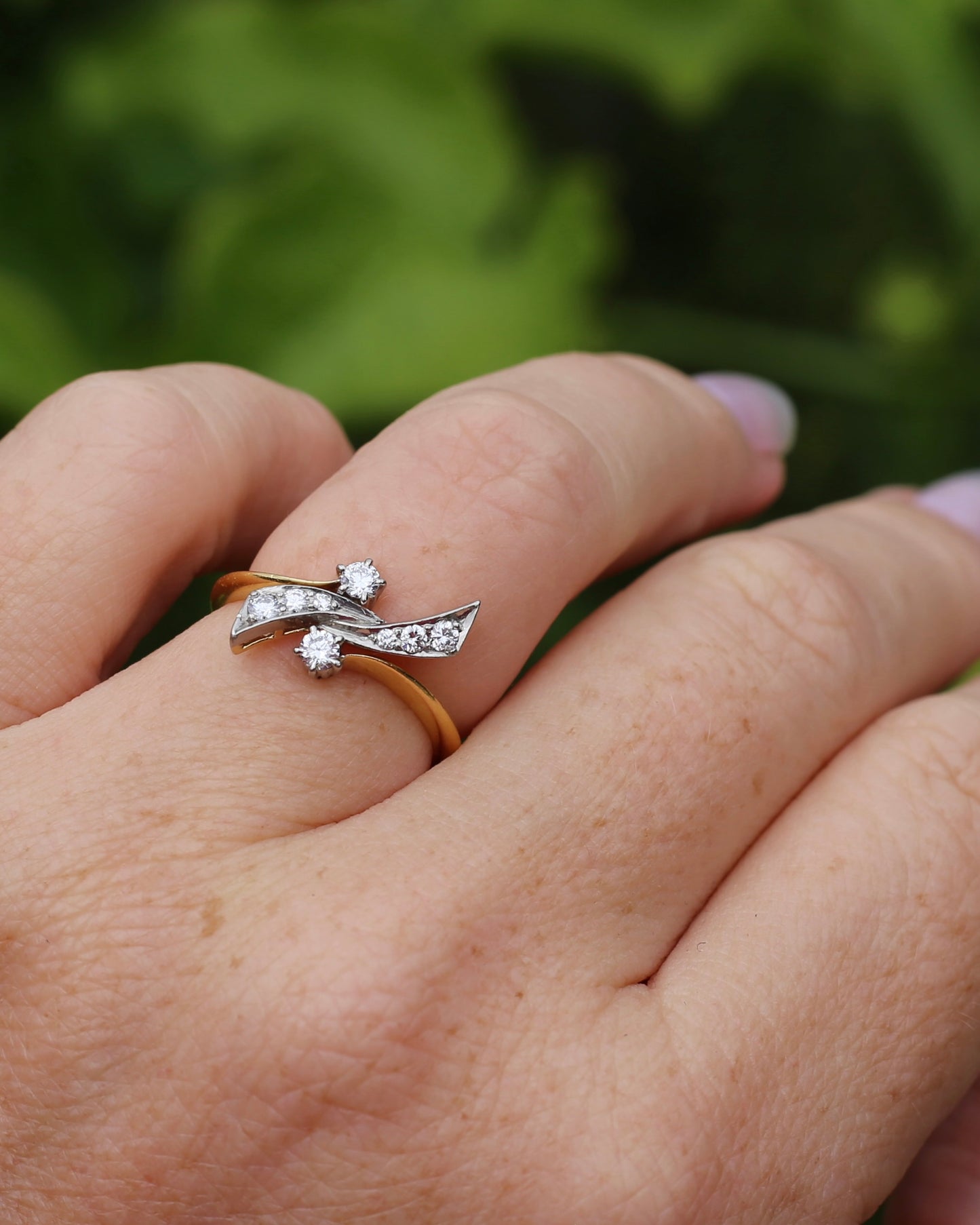 Antique Circa 1910 "Belle Epoque Toi et Moi" Asymmetric Diamond Bow Ring, 18ct Yellow Gold and Platinum, size L1/2 or 6, 3.62g