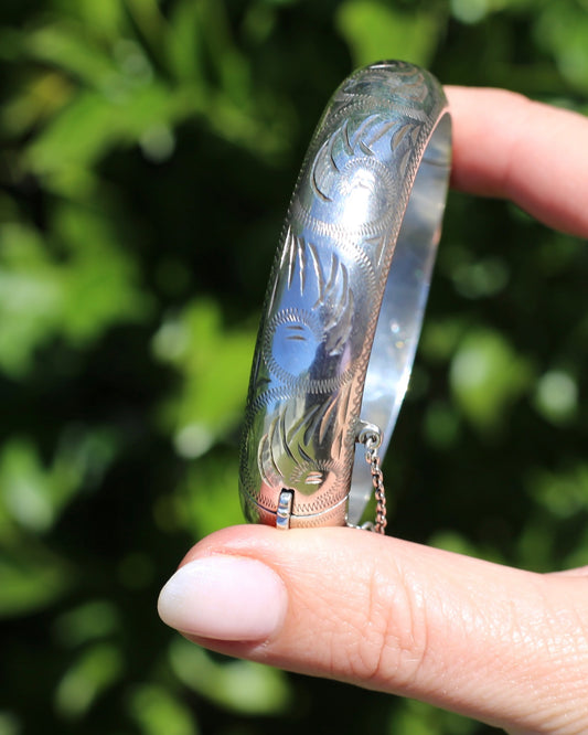Vintage Hinged Engraved Silver Hollow Bangle, Sterling Silver