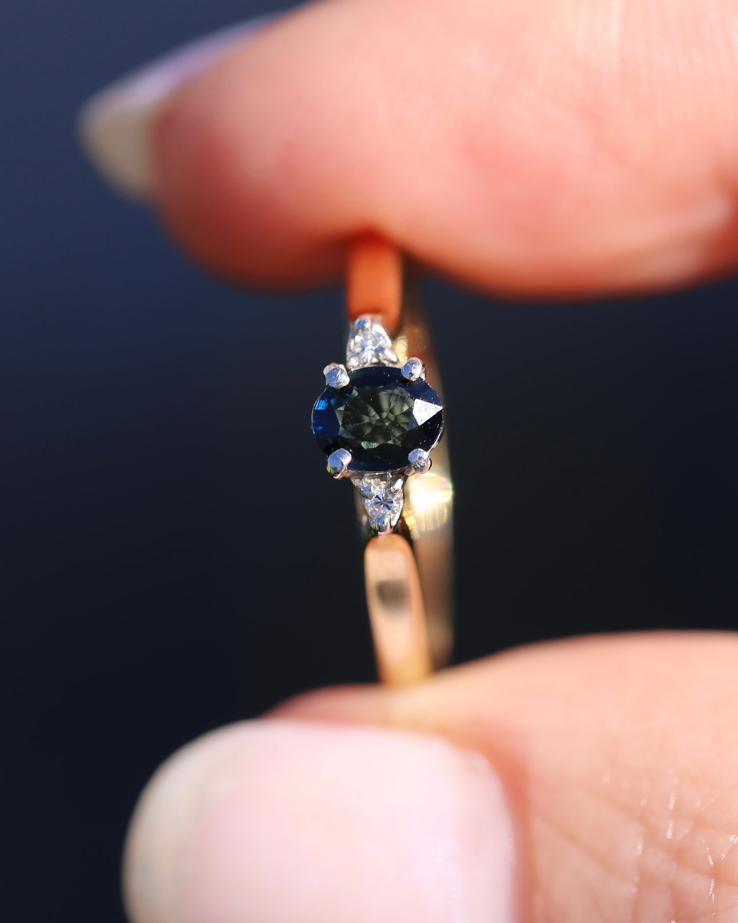 Dark Australian Sapphire and Diamond Dainty Trilogy, 9ct Yellow and White Gold, M1/2 or 6.5, 1.75g
