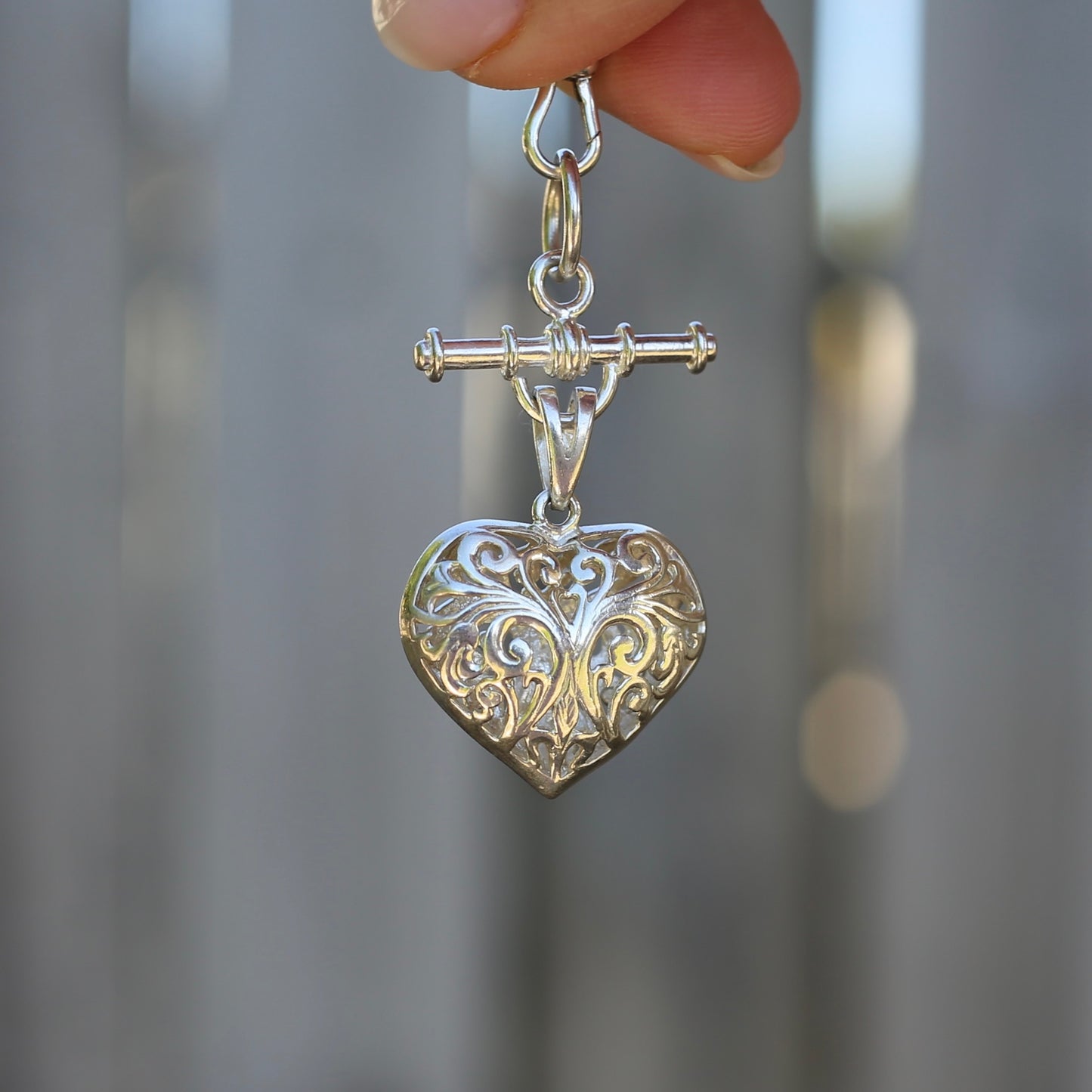 Modern Filigree Heart Fob with T-bar, 7.79g