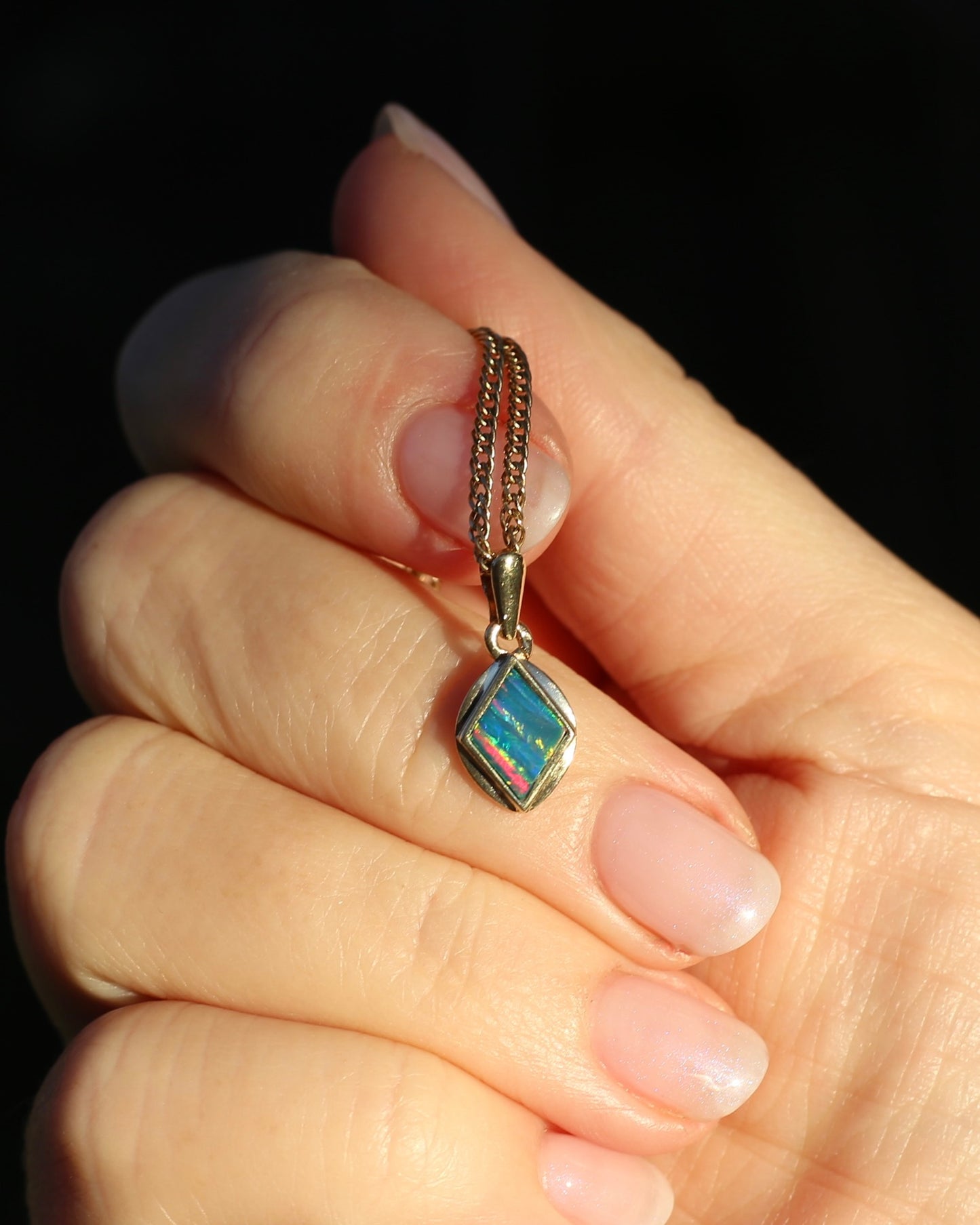 Bezel Set Solid Opal Diamond Shaped Pendant, 14ct Yellow Gold, 0.88g