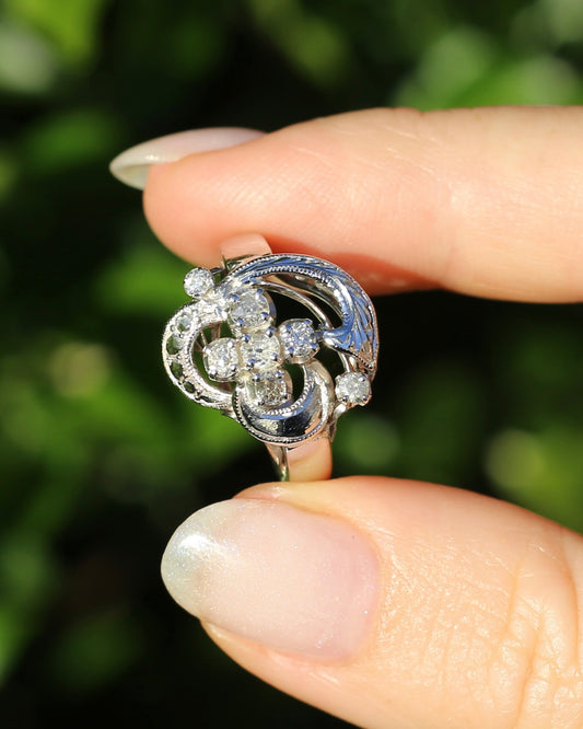 Old Cut and Early Brilliant Cluster Clover Ring, 9ct White Gold, size O or 7