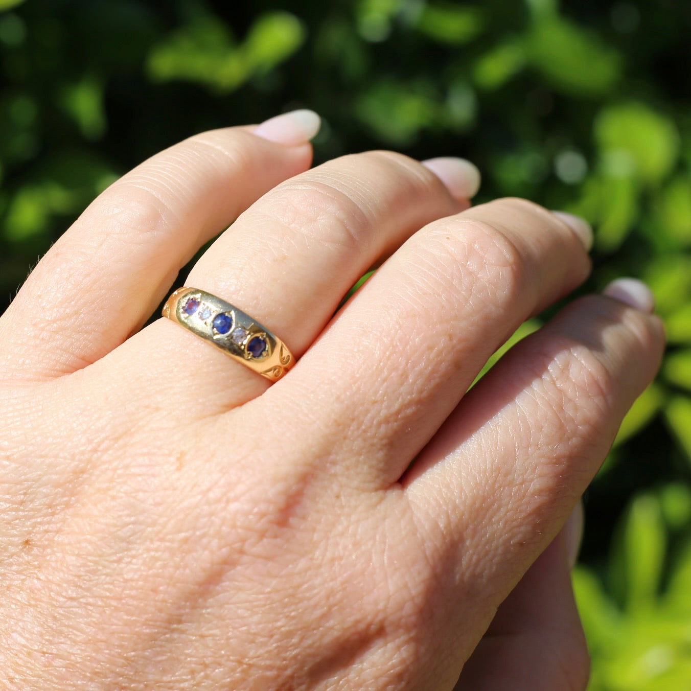 1897 Old Cut Sapphire and Diamond Five Stone Ring, 18ct Yellow Gold, size O or 7.25