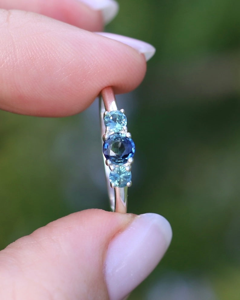 0.85ct Natural Parti Sapphire Trilogy Ring, Sterling Silver, size Q or 8.25, 1.98g
