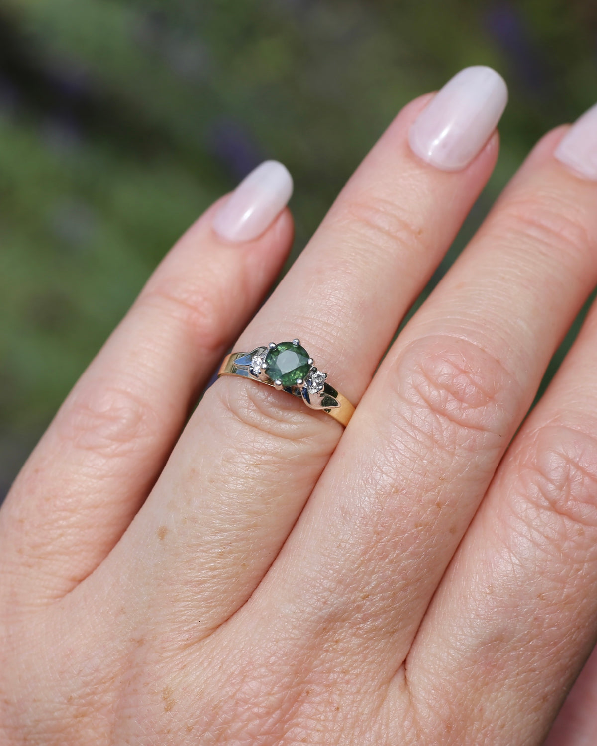 1ct Natural Green Sapphire Ring with White Spinel Side Stones, Silver and 9ct Yellow Gold, size M or 6.25, 2.1g