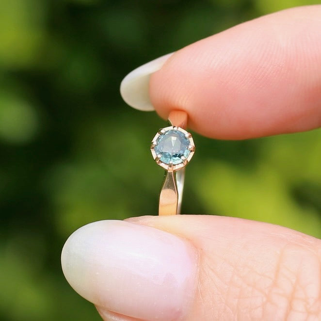 Seafoam Sapphire Solitaire in 8 Claw Setting, 9ct Yellow Gold, size L or just under 5.5