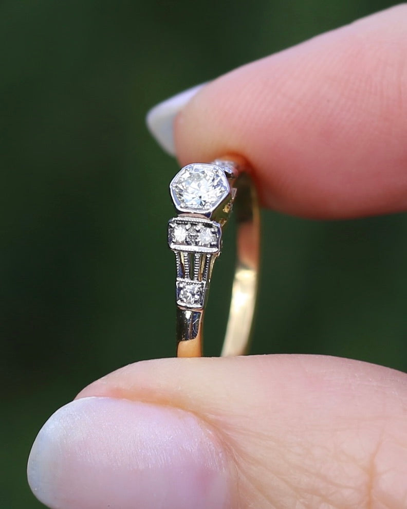 Hexagonal Grain Semi Modern Cut Diamond and Single Cut Diamond Shoulders Ring, 18ct White and Yellow Gold, size P1/2 or 8, 2.58g, with valuation