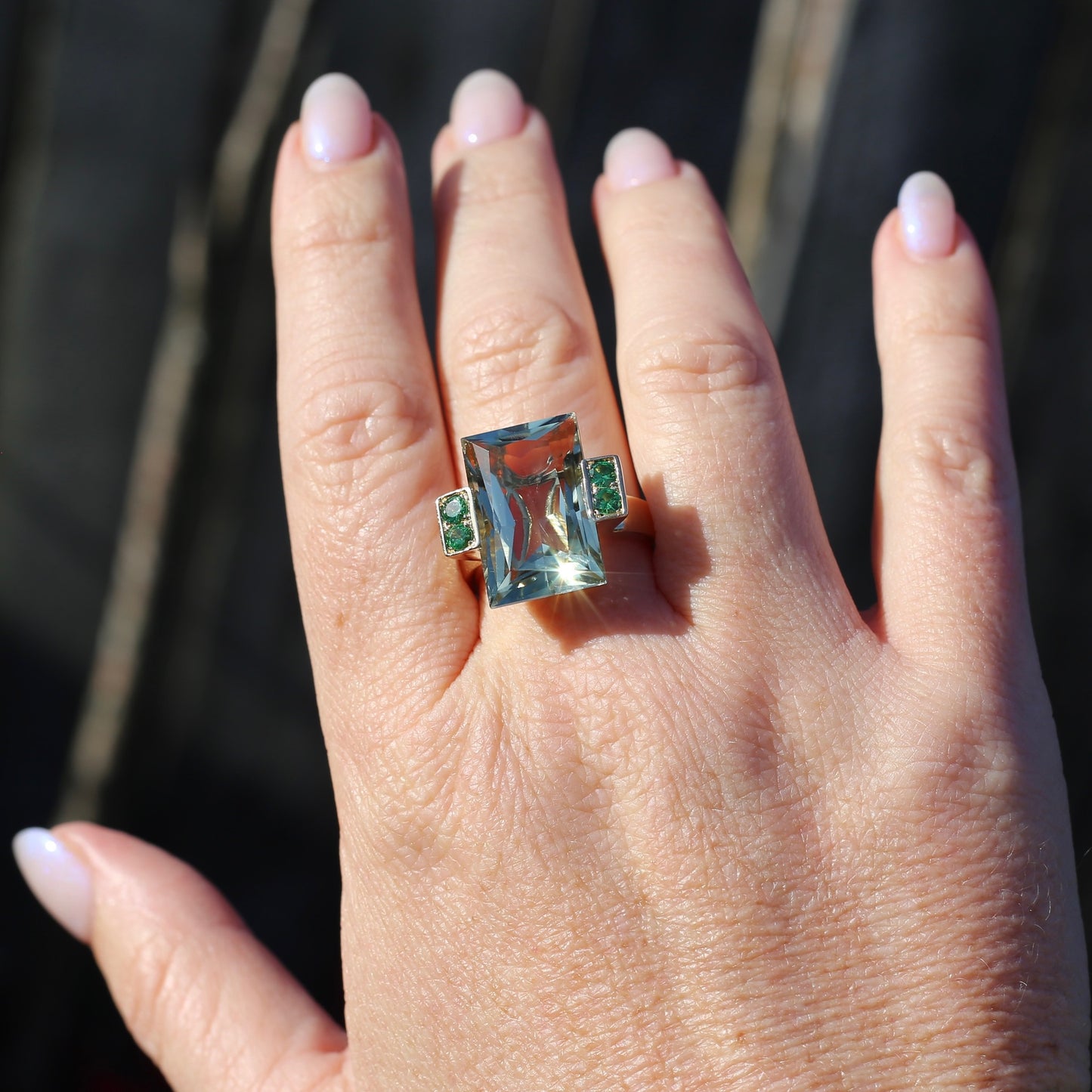 Vintage 15ct Prasiolite Green Quartz and Chrome Diopside Cocktail Ring, size U or 10