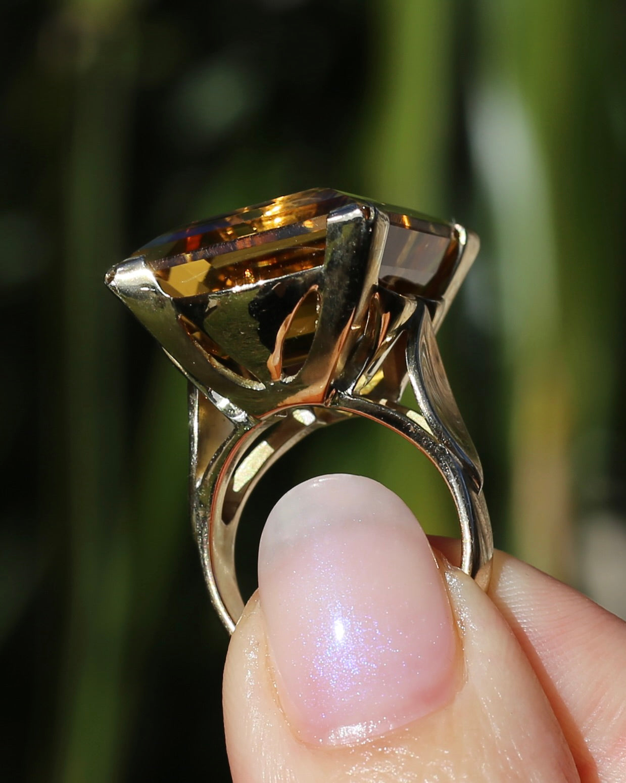 35ct Rectangular Step Cut Vivid Citrine in Chunky Vintage 9ct Yellow Gold Ring, size N1/2 or 7, 15.12g