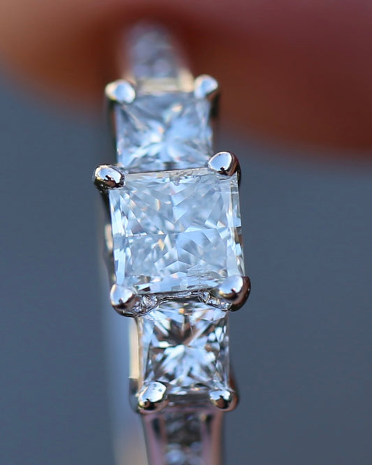 Vintage Princess Cut Natural Diamond Trilogy Ring, 9ct White Gold, size K or 5.25
