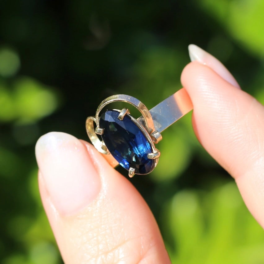 1980s 4ct Australian Parti Sapphire Retro Ring, 9ct Yellow Gold, size X or 11.5 (easily sizeable) with valuation